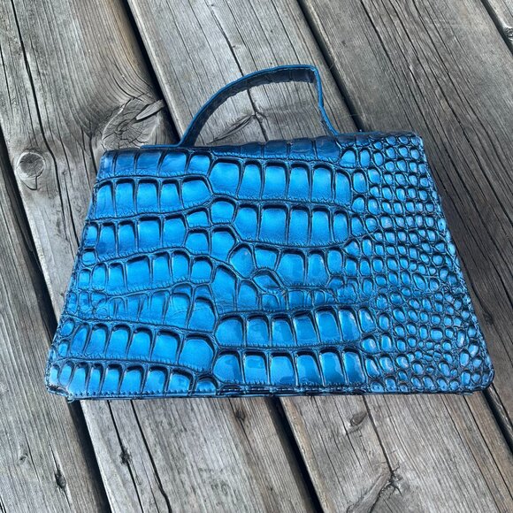 Vintage Blue Croc Embossed Handbag Structured Top Handle Retro Statement - Picture 3 of 5